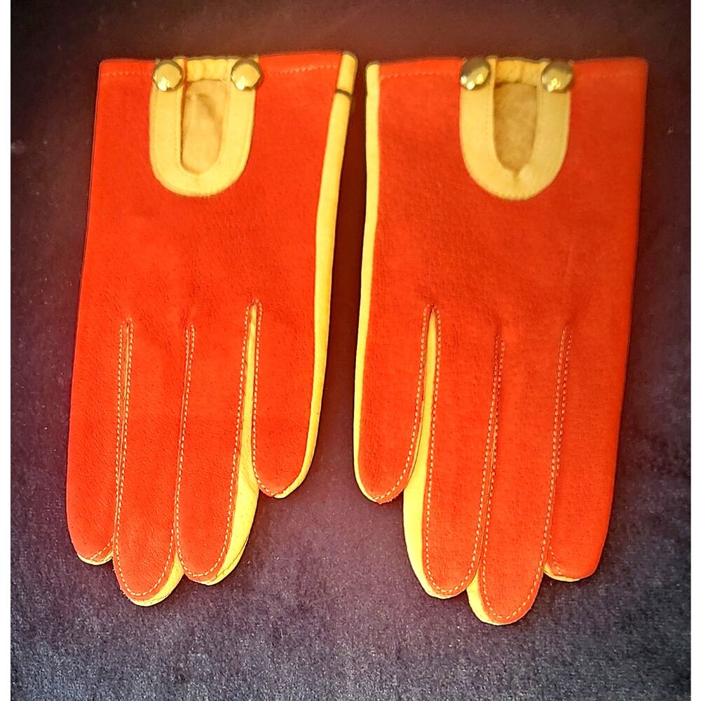 Vintage Red and Butter Cream Kidskin Leather XS Driving Gloves Mid Century